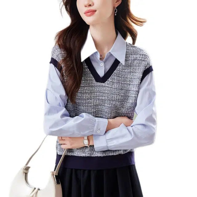 曲韩 小香风假两件宽松长袖打底百搭衬衫 女款 藏青色