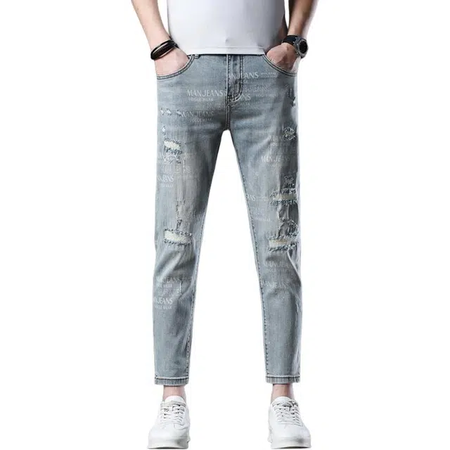 吉肯蒂 潮牌浅色破洞九分裤潮牌弹力修身水洗休闲做旧紧身小脚裤牛仔裤 男款