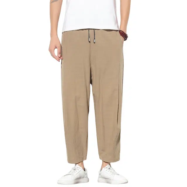 加荣 新中式民族风复古亚麻裤男夏季薄款透气宽松青少年户外出行百搭九分束脚哈伦裤棉麻灯笼裤中国风休闲裤长裤 男女同款