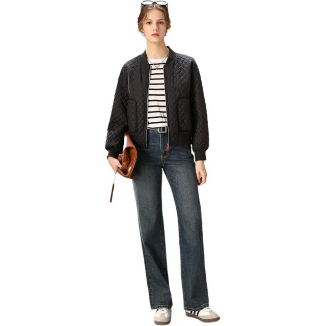 粉红玛琍 简约纯色长袖拉链棉服 女款 黑色