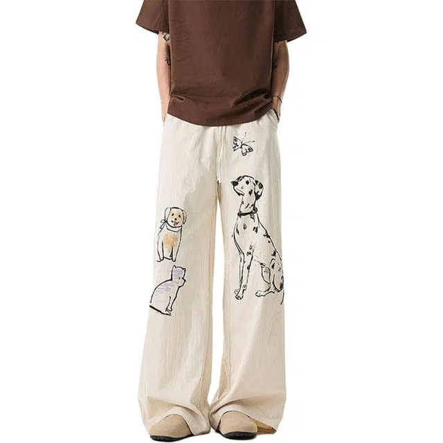 单爵 可爱小狗图案美式复古阔腿宽松百搭运动休闲裤 男女同款