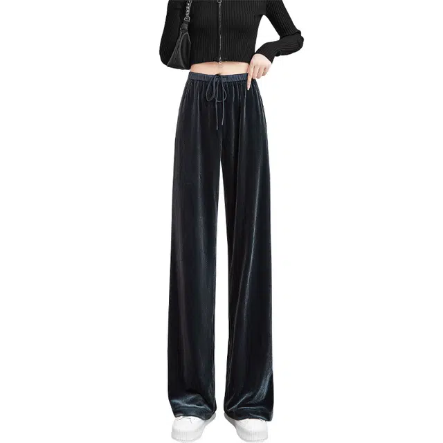 她池 阔腿垂感丝绒高腰休闲裤 女款 蓝灰色