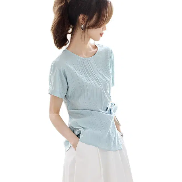 沫晗依美 纯色圆领舒适短袖衬衫 女款 浅水蓝
