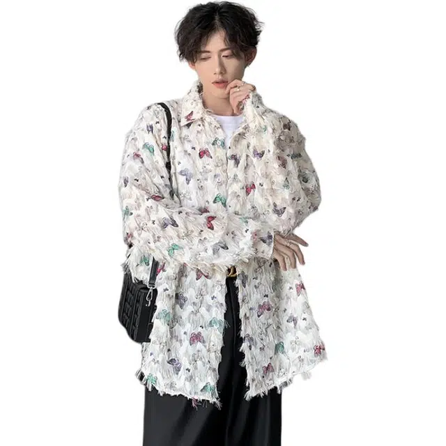 寻星记 美式高街蝴蝶满印流苏立体设计宽松休闲潮流百搭衬衫夹克 男女同款