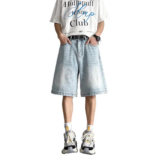 佐菲利 美式直筒高街舒适潮牌五分牛仔短裤 男女同款 浅蓝色