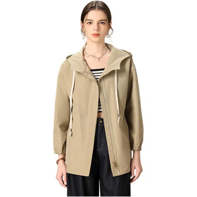 粉红玛琍 宽松拉链纯色风衣 女款 松茶