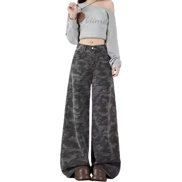 如续 美式复古高腰宽松阔腿裤休闲牛仔裤 女款