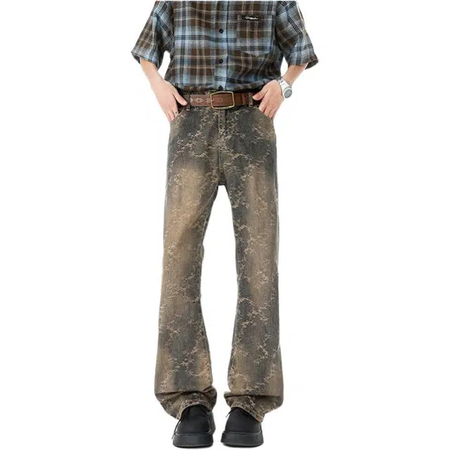 沃马 美式高街水洗做旧废土风高级感提花复古牛仔裤 男女同款