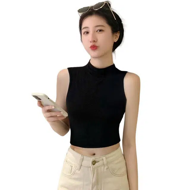 黑恐龙 纯色外穿高级感半高领修身打底背心 女款 黑色