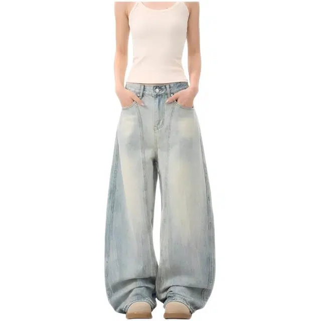 天才小熊 时尚宽松休闲美式做旧毛边阔腿裤高腰宽松直筒拖地裤牛仔裤 女款