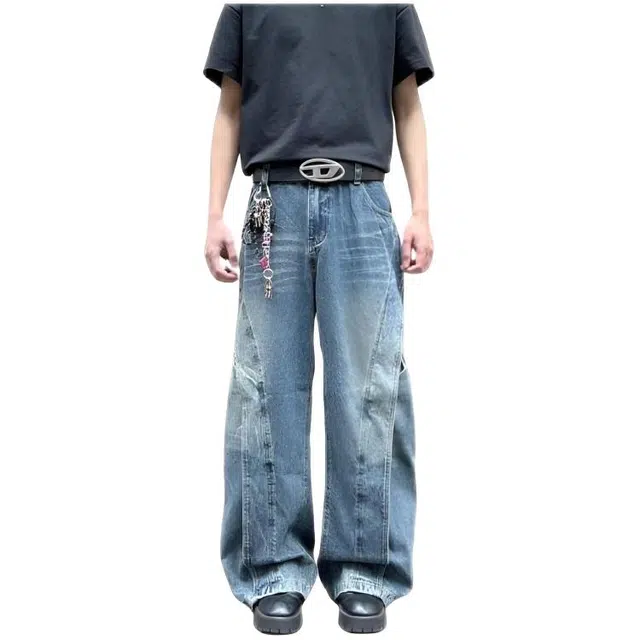 天才小熊 美式重磅潮流时尚宽松休闲遮胯显瘦柔软舒适大码做旧水洗牛仔裤 女款