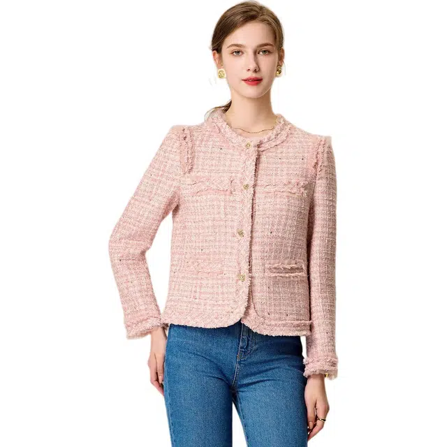 粉红玛琍 网纱拼接单排扣毛边夹克外套 女款 粉色