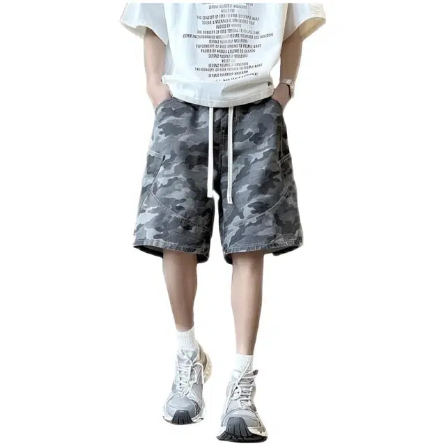 木木兔 潮流休闲透气时尚简约轻便学生设计感美式复古迷彩牛仔短裤 男款