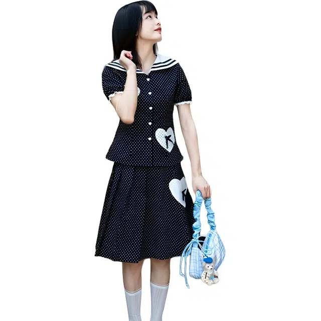 沐晓欣 学院风复古波点海军领衬衫上衣高腰中长裙子裙装套装 女款