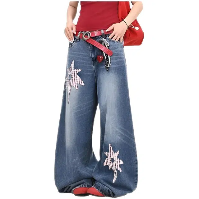 天才小熊 潮流时尚宽松休闲美式复古弯刀百搭直筒阔腿裤牛仔裤 女款