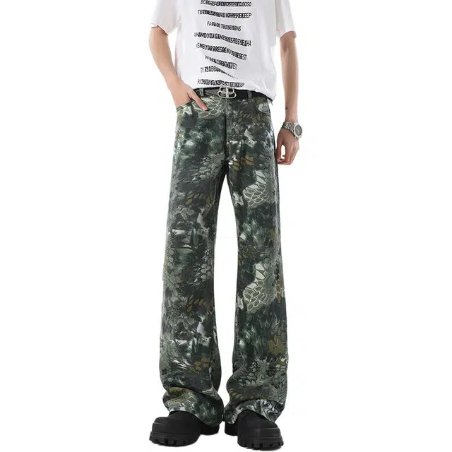 沃马 美式高街拼接痞帅复古时尚百搭弯刀水洗做旧牛仔裤 男女同款 绿色