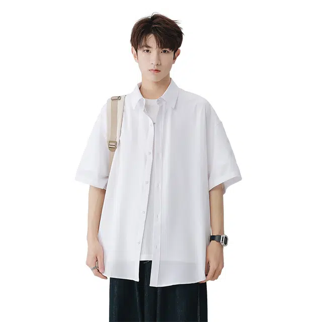 顶峰保罗 凉感轻薄职业商务休闲痞帅文艺范易打理轻柔宽松透气时尚百搭高级感短袖衬衫 男女同款