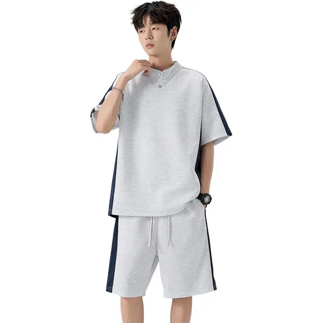 左岸 青少年拼接短袖短裤两件套男款加大码宽松显瘦亨利领休闲运动套装 男女同款