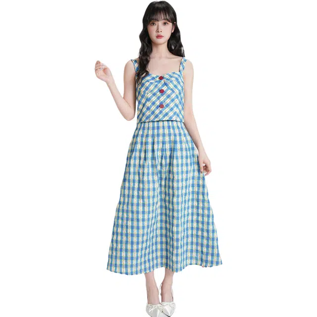 缪斯的诱惑 夏季复古格子吊带裙小个子显瘦方领法式裙装套装 女款