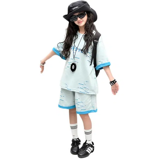 天才小熊休闲运动套装 女童夏季大童潮牌小孩衣服 小女孩 双层烧花破洞 洋气时髦 漂亮 甜美