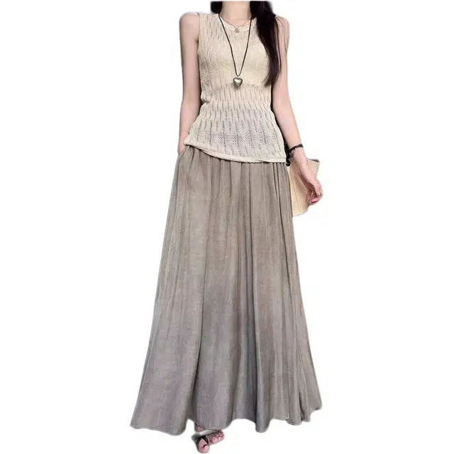 哒头下雨不愁 温柔甜妹无袖镂空修身背心高腰半身裙裙装套装 女款