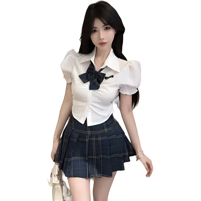 敲模女孩 学院风纯欲辣妹短款收腰泡泡袖衬衣高腰格纹修身格纹百褶短裙裙装套装 女款