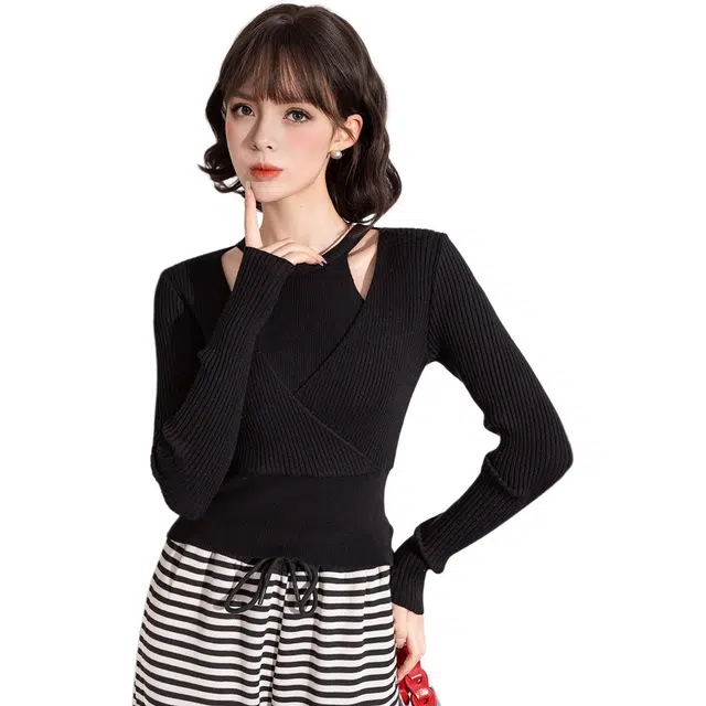 法文箱子 纯色圆领假两件毛衣 女款 黑色