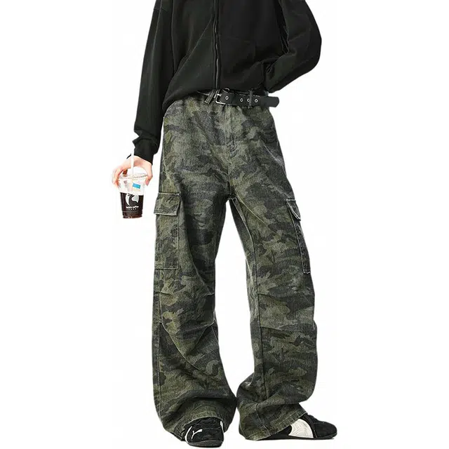 黑马漫画 美式解构迷彩潮牌休闲复古多口袋宽松显瘦直筒微喇裤工装裤 男女同款