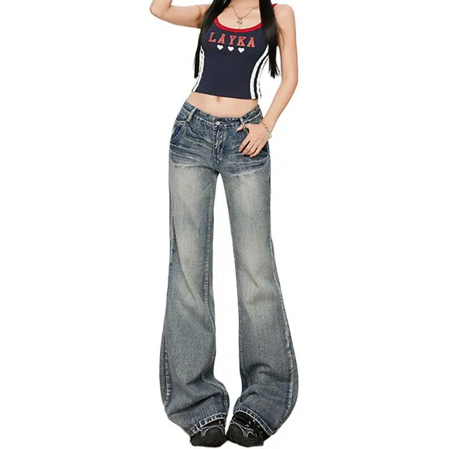 如续 美式复古裂纹水洗辣妹低腰垂感百搭喇叭&长裤加长牛仔裤 女款