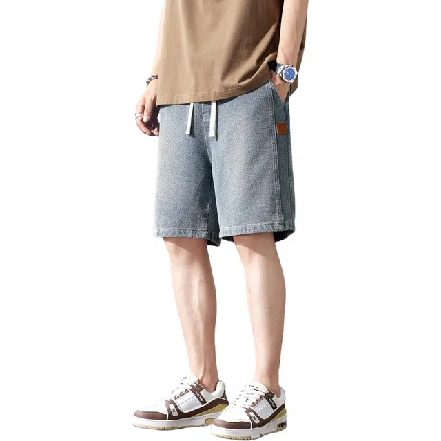 瑞梵帝斯 美式日常时尚港风高街风百搭做旧复古休闲潮牌潮流痞帅宽松柔软舒适亲肤水洗阔腿牛仔短裤 男款