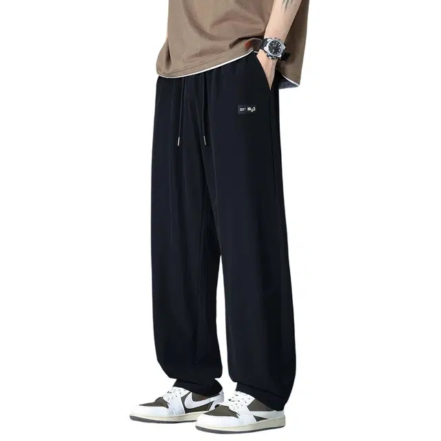 顶峰保罗 直筒裤子薄款潮牌痞帅宽松阔腿冰丝潮流运动抽绳无性别主义长裤时尚百搭垂感大码休闲裤 男女同款