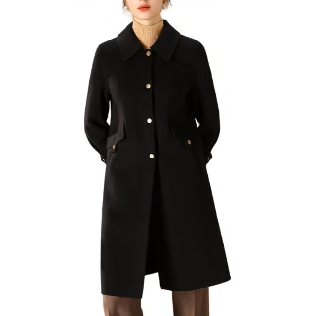 粉红玛琍 宽松中长款翻领大衣 女款 黑色