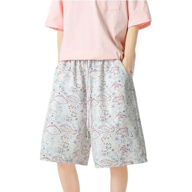 颂希尔 涂鸦宽松百搭舒适休闲短裤 男女同款 白色