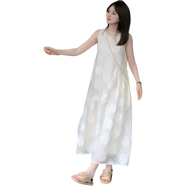 怪力萝莉 法式纯色小众设计感圆领长款无袖连衣裙 女款 白色