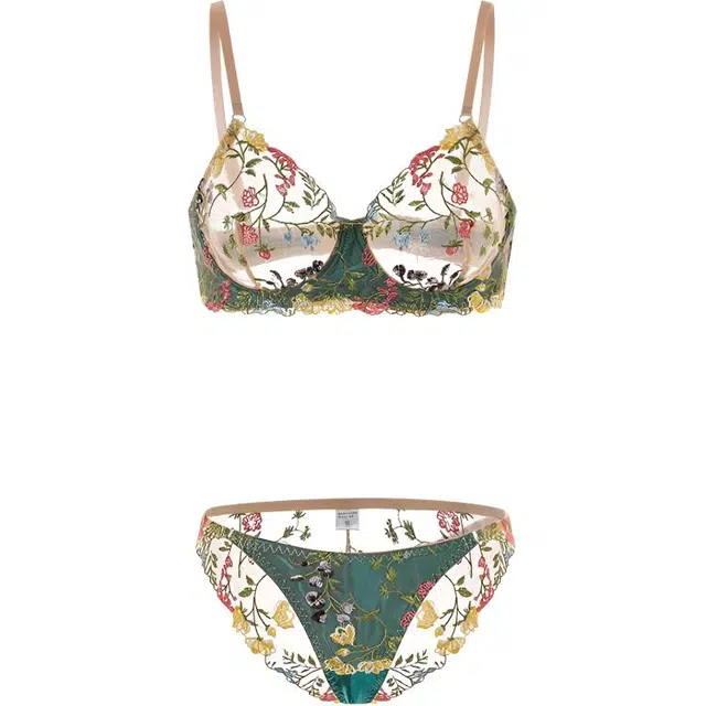 潞优野 凉感法式性感纯欲蕾丝刺绣超薄聚拢文胸内衣裤套装 女款