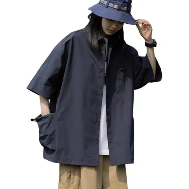 小卷要加油 户外机能风工装短袖男女夏季日系潮牌情侣宽松痞帅大口袋衬衣衬衫 女款