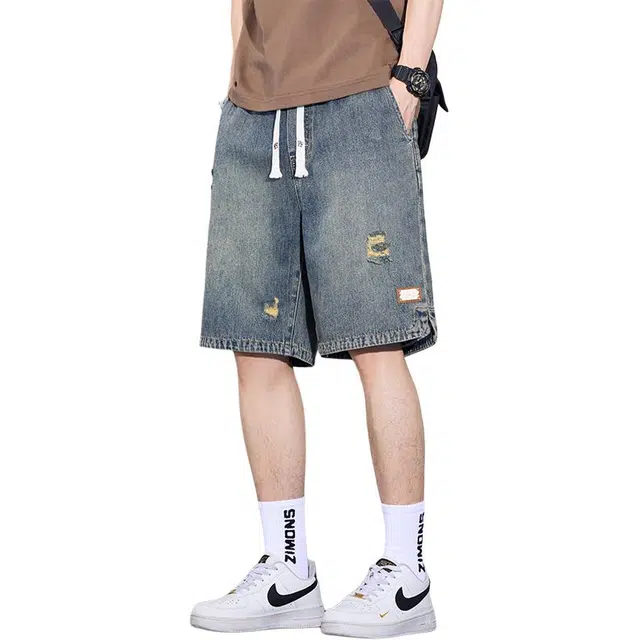 协协乐 美式潮牌复古夏季薄款破洞凉感透气宽松直筒运动通勤显高显瘦工装破洞休闲五分牛仔短裤 男款