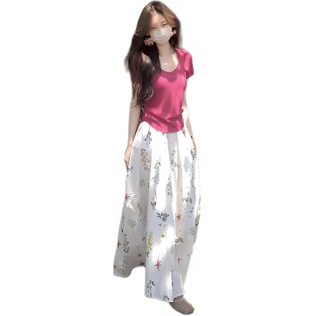 哒头下雨不愁 甜美清新风针织修身短袖上衣高腰半身裙裙装套装 女款