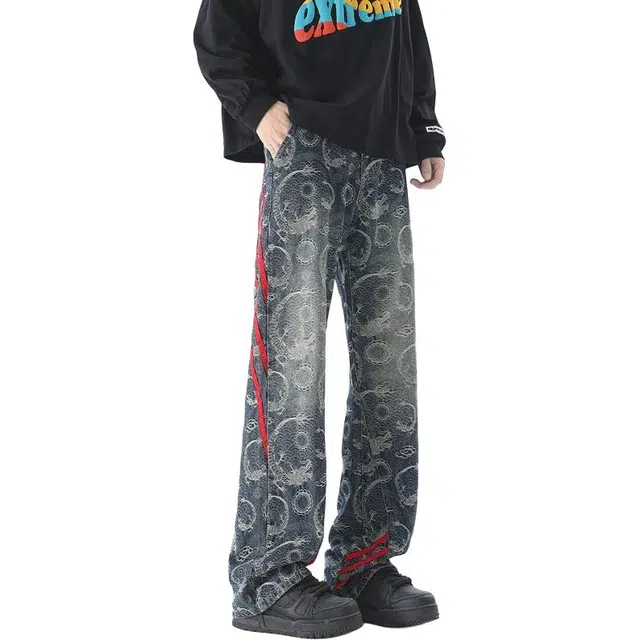 宝米卡 美式条纹满印提花设计感痞帅百搭直筒裤子牛仔裤 男女同款