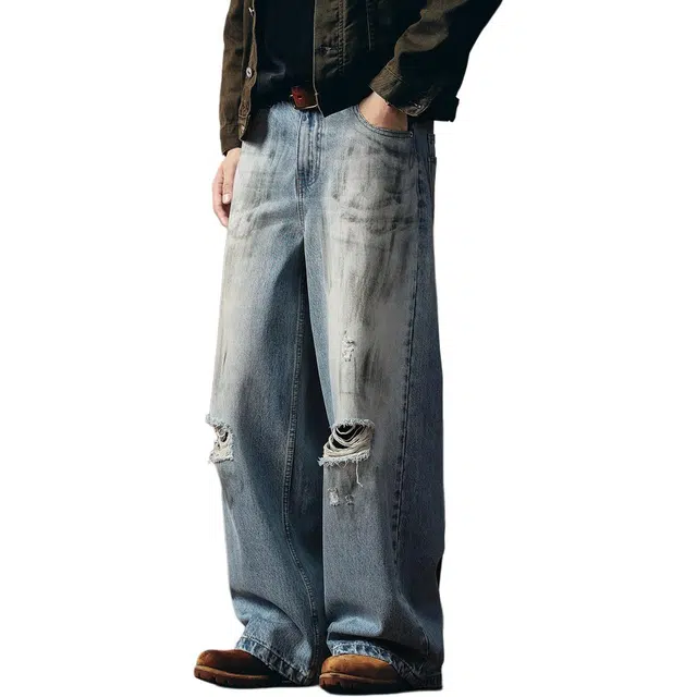 格蓝鹿 日系风格直筒休闲拖地裤美式复古微压肌理感做旧脏染破洞设计牛仔裤 男女同款