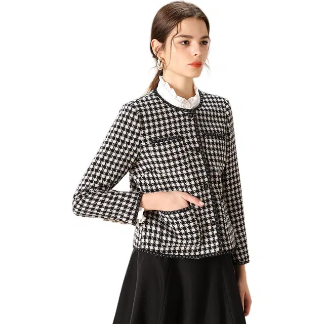 粉红玛琍 小香风通勤圆领长袖夹克外套 女款 黑白格