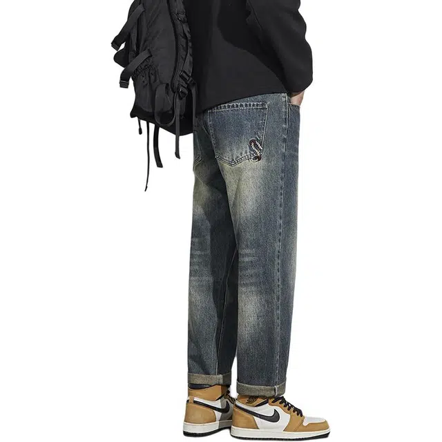 么宁 麻绳刺绣美式高街水洗做旧宽松直筒简约百搭潮流时尚舒适透气个性痞帅休闲运动牛仔裤 男女同款