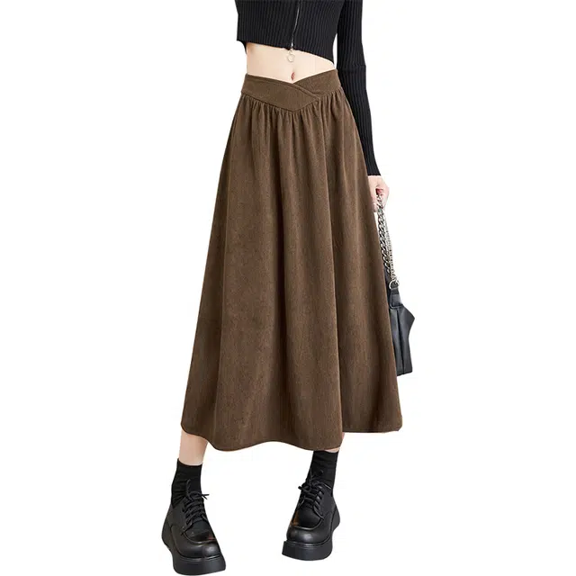 她池 高腰美拉德风复古设计感纯色休闲长裙 女款 咖色