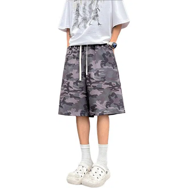 颂希尔 美式宽松迷彩直筒百搭五分休闲短裤 男女同款