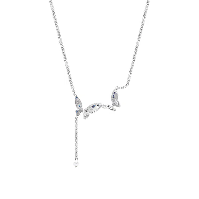 暖瞳 比翼蝴蝶精致高级感彩色锆石轻奢时尚气质甜酷风浪漫优雅简约百搭个性锁骨链 合金+玻璃+人造珍珠+铜 项链 女款