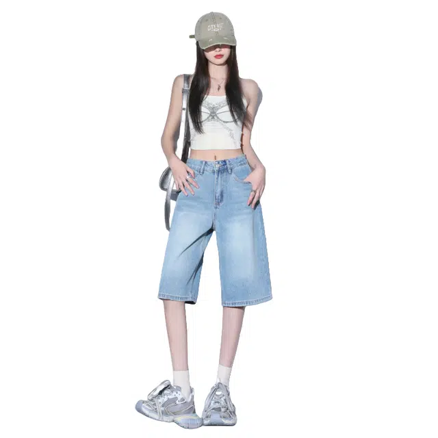 玫丝朵 高腰港风时尚潮流复古五分牛仔短裤 女款