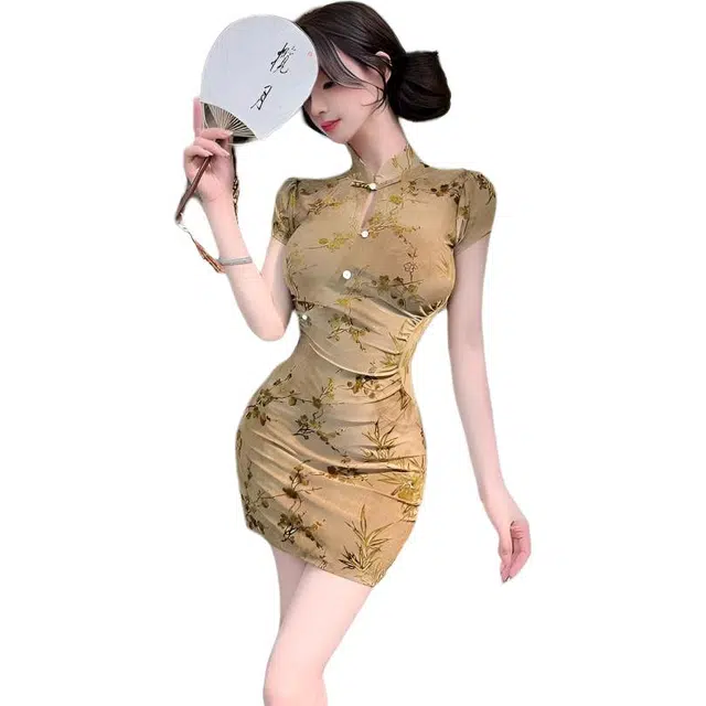 缪斯的诱惑 实拍纯欲风性感辣妹立领盘扣设计感修身收腰洋气小个子旗袍短袖连衣裙 女款