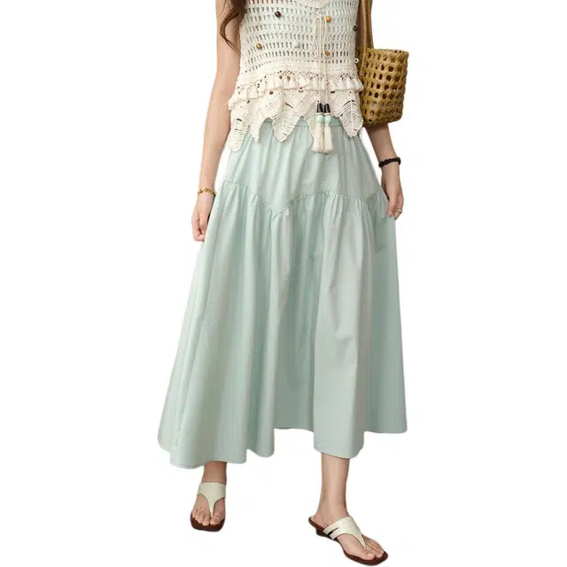 谜秀 温柔风气质半身裙纯色百搭高腰休闲长裙 女款