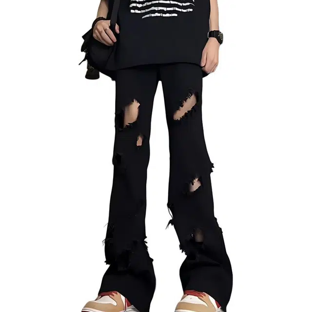 黑马漫画 美式破洞薄款欧美高街裤子直筒微喇乞丐裤牛仔裤 男女同款