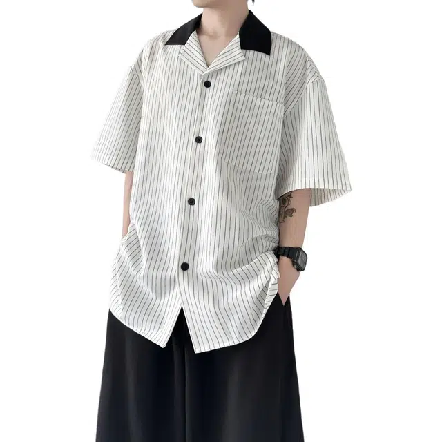 佐菲利 古巴领撞色条纹短袖款夏季痞帅高级感衬衣美式潮牌外套衬衫 男女同款